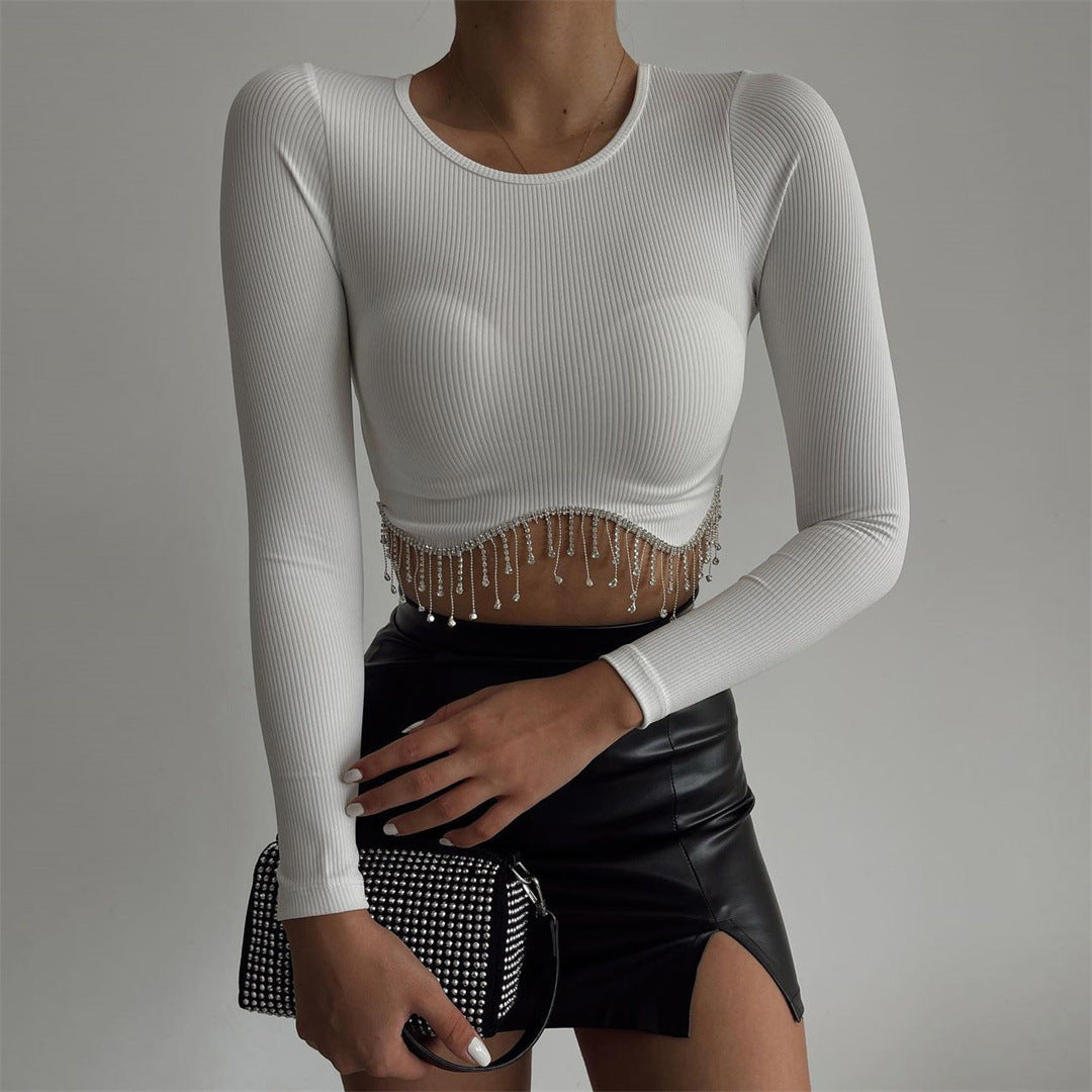 Sparkly Rhinestone Fringe Long Sleeve Crop Tops  Ribbed Cropped Tank Tops