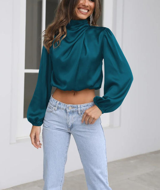 Puff Long Sleeve Mock Turtleneck Crop Tops Blouses