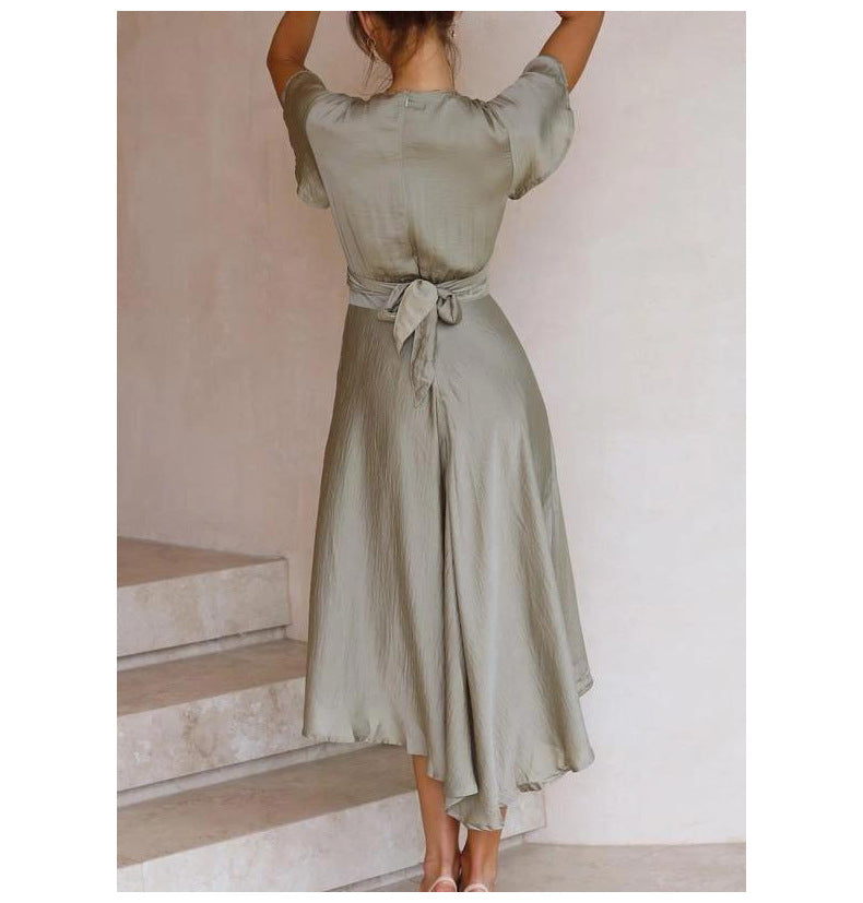 Elegant Women's Short Sleeve V-neck Asymmetric Skirt Dress