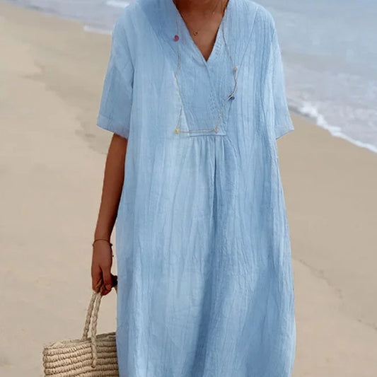 Casual Slim-fit Solid Color Cotton And Linen Dress