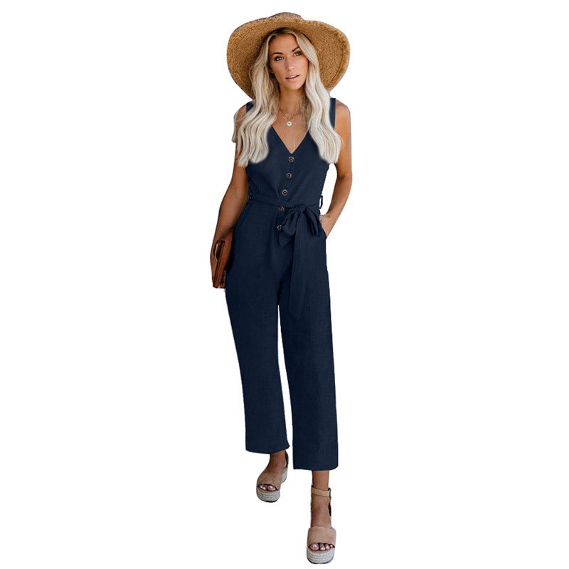 Strap Jumpsuit Solid Color Casual Waistband