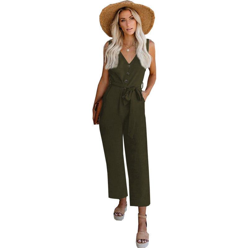 Strap Jumpsuit Solid Color Casual Waistband