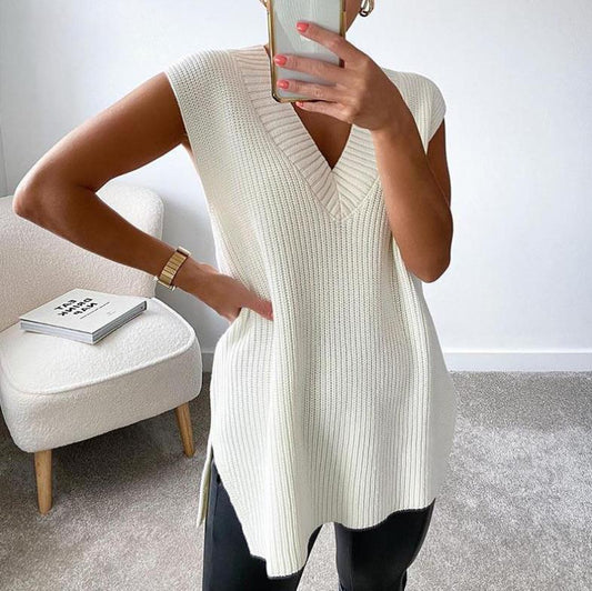 Oversized V Neck Knit Sweater Sleeveless Pullover Top