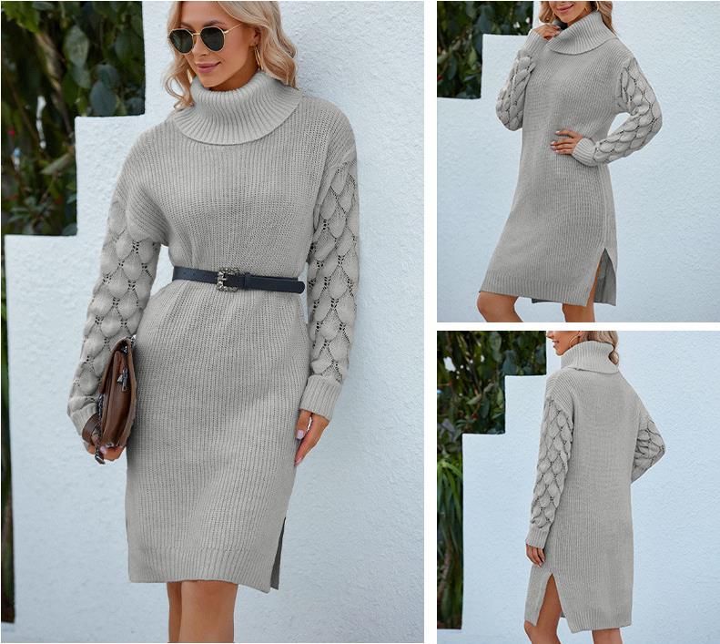 Casual Turtleneck Long Puff Sleeve Soft Fuzzy Knit Bodycon Pullover Mini Sweater Dress