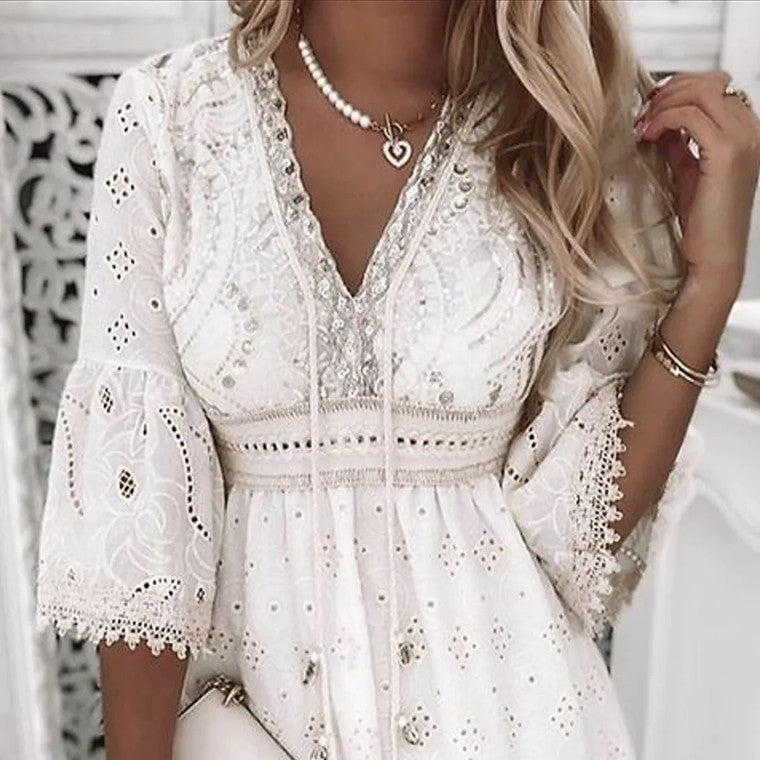 White V-collar Dress