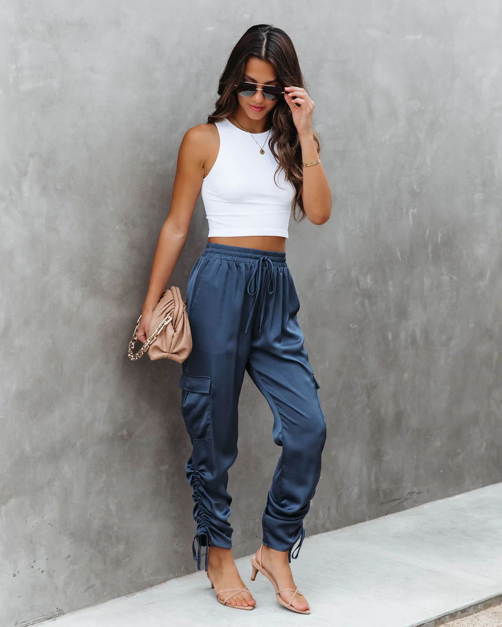 Satin Jogger Pants Casual High Waist Long Lounge Pant Trousers With Pockets