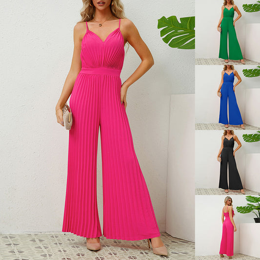 V-Ausschnitt Jumpsuit: Einfarbige, lockere Hose für Damen