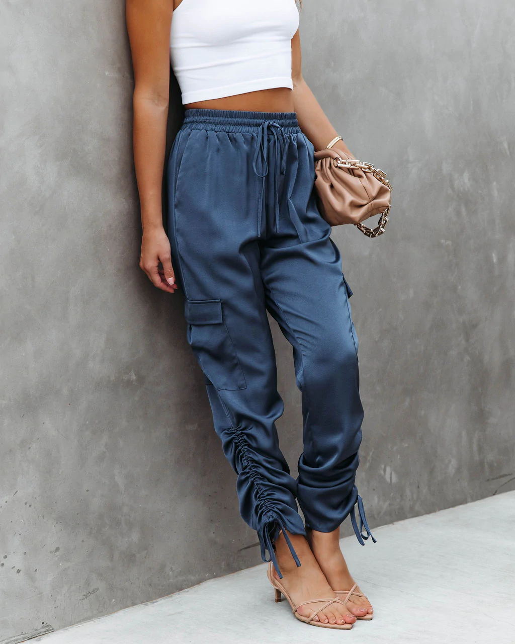 Satin Jogger Pants Casual High Waist Long Lounge Pant Trousers With Pockets