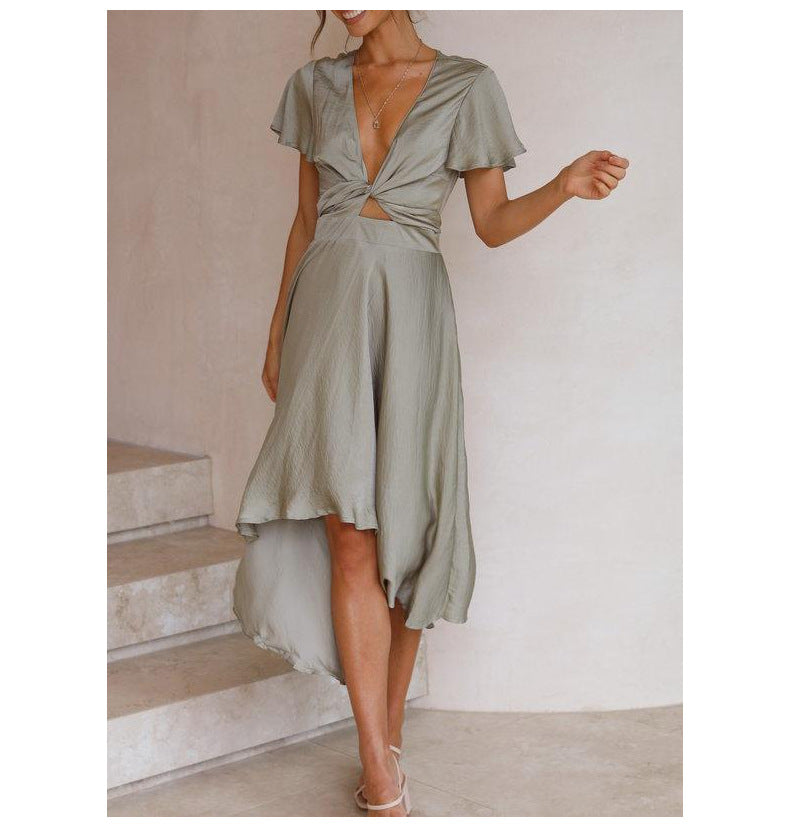 Elegant Women's Short Sleeve V-neck Asymmetric Skirt Dress