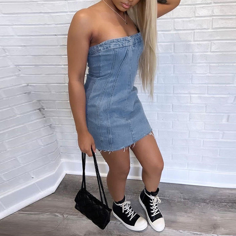 Fashion Backless Tube Denim Dress Short