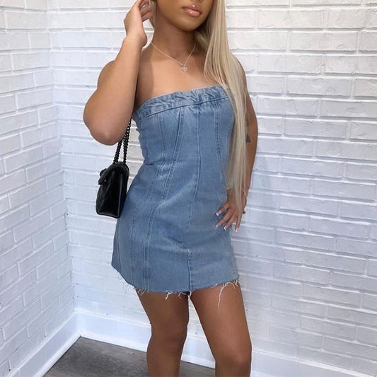 Fashion Backless Tube Denim Dress Short