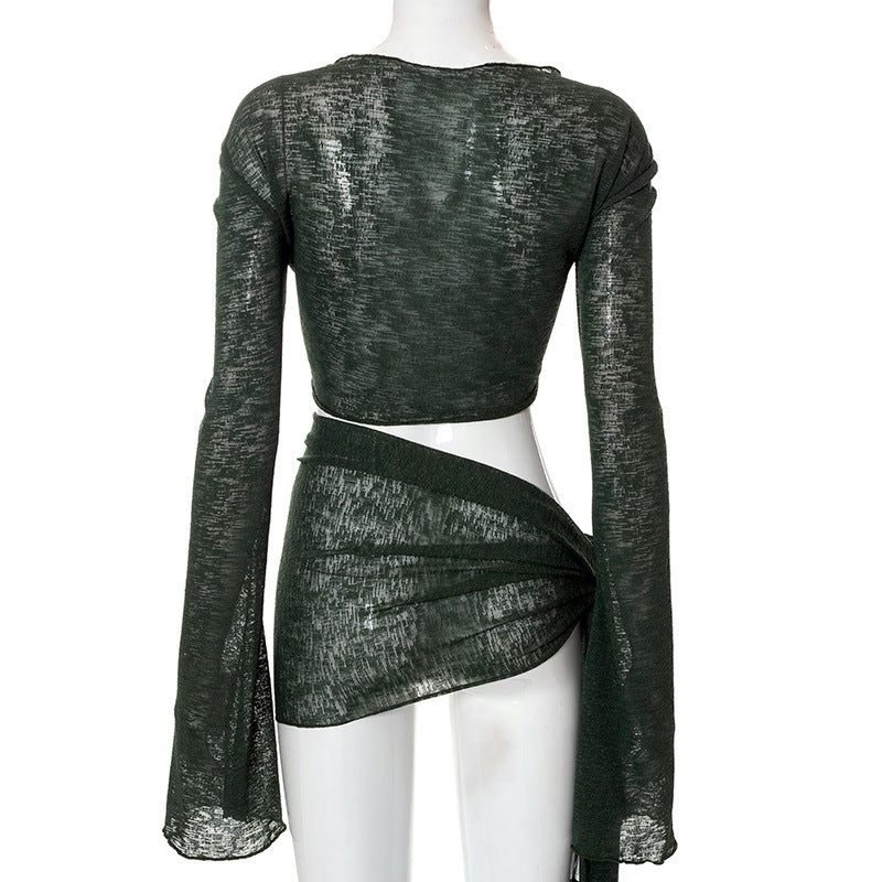 Mesh See-through Strap Long-sleeved Wrap Top And Skirt