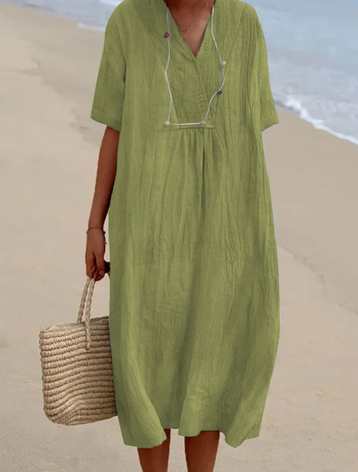 Casual Slim-fit Solid Color Cotton And Linen Dress