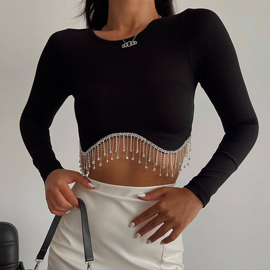 Sparkly Rhinestone Fringe Long Sleeve Crop Tops  Ribbed Cropped Tank Tops