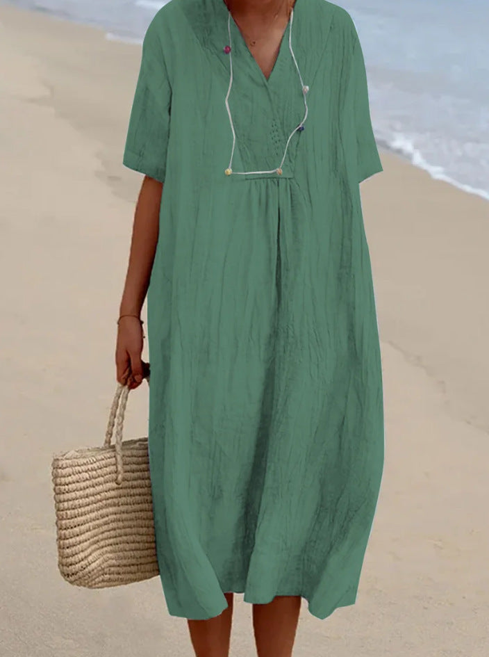 Casual Slim-fit Solid Color Cotton And Linen Dress