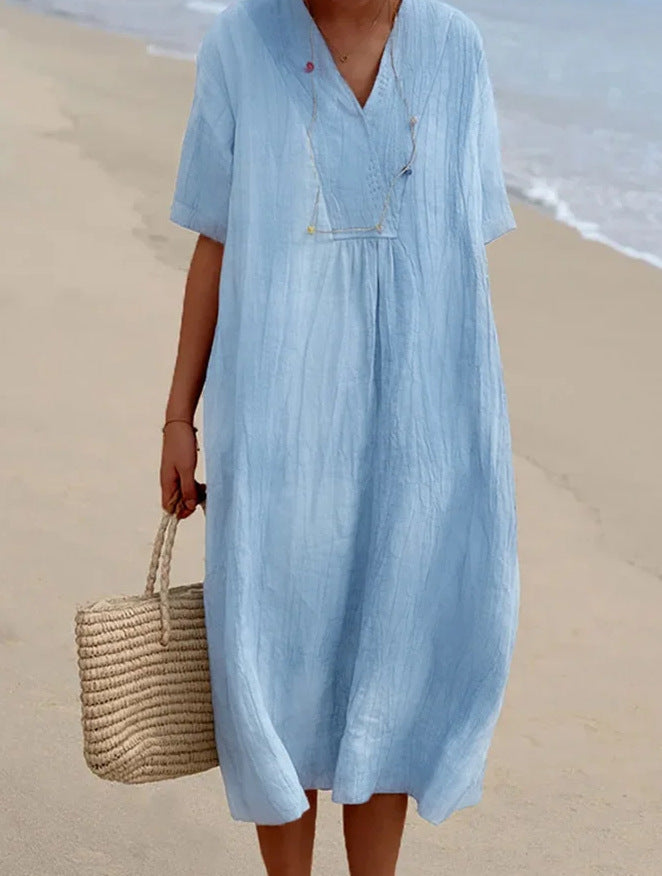 Casual Slim-fit Solid Color Cotton And Linen Dress