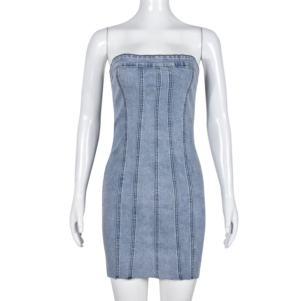 Fashion Backless Tube Denim Dress Short