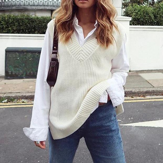 Oversized V Neck Knit Sweater Sleeveless Pullover Top